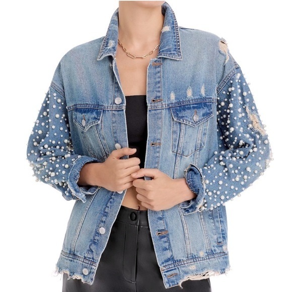NEW Sunset & Spring Distressed Jean Jacket Oversized Pearl Embellished Denim XS - Picture 8 of 16